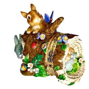 Vtg Hand Painted Porcelain Hinged Faberge Trinket Box Woodland Easter Spring